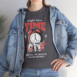 Waste Your Time Unisex Heavy Cotton Tee Graphic Black T Shirt Motivational Hustle Money Clock Streetwear Bold Entrepreneur Mindset Fashion Outfit