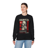 Haunted Warrior Unisex Heavy Blend Crewneck Sweatshirt Graphic Pullover Black Samurai Ninja Fighter Bold Red Streetwear Futuristic Artistic Fashion Outfit