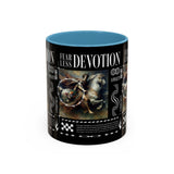 Fearless Devotion Accent Coffee Mug 11oz 15oz Black Ceramic Cup with Warrior on Horse Artwork for Courage Loyalty and Strength Lovers