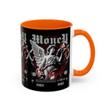 Money Bright Angel Accent Coffee Mug 11oz 15oz Gothic Statue Black Ceramic Cup with Red Flames and Cash Design for Hustlers
