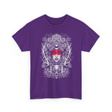 Mystic Warrior Goddess Unisex Heavy Cotton Tee Bold Monochrome Tribal Design Powerful Feminine Energy Streetwear Graphic T-Shirt for Art Lovers Festivals and Everyday Wear