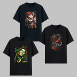 Streetwear Graphic T Shirt Combo Pack Lion Rasta Bob Marley Snake Whiskey Printed Cotton Unisex Black Graphic Tees India