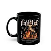Fighter Motivation Coffee Mug Warrior Statue Fire Design Gothic Typography Gym Motivation Black Ceramic Mug