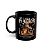 Fighter Motivation Coffee Mug Warrior Statue Fire Design Gothic Typography Gym Motivation Black Ceramic Mug