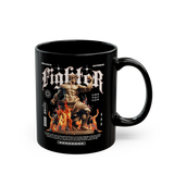 Fighter Motivation Coffee Mug Warrior Statue Fire Design Gothic Typography Gym Motivation Black Ceramic Mug