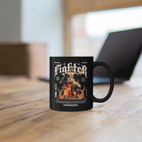 Fighter Motivation Coffee Mug Warrior Statue Fire Design Gothic Typography Gym Motivation Black Ceramic Mug