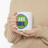 Save Soil Coffee Mug Minimal Typography Eco Message Ceramic Mug Green Blue Logo Printed Cup Environmental Awareness Gift
