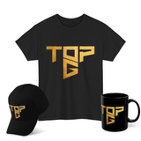 Top G Gold Logo Graphic T Shirt Combo Pack Premium Cotton Streetwear Tee Cap Mug Set Luxury Bold Typography Design