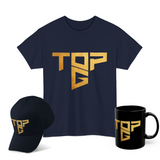 Top G Gold Logo Graphic T Shirt Combo Pack Premium Cotton Streetwear Tee Cap Mug Set Luxury Bold Typography Design