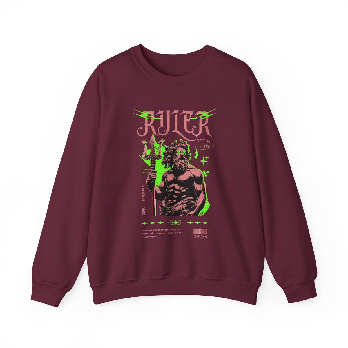 Ruler of the Sea Poseidon Unisex Heavy Blend Crewneck Sweatshirt Greek Mythology Statue Graphic Gothic Streetwear Bold Artistic Pullover