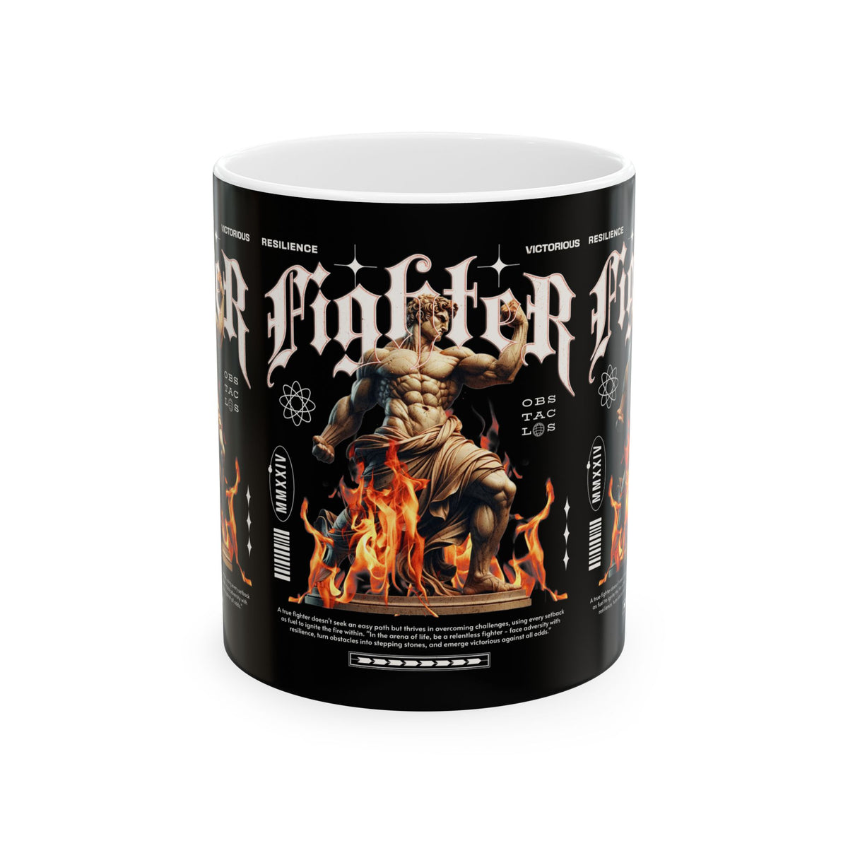 Fighter Resilience Victorious Flame Statue Graphic Ceramic Mug Unisex Motivational Coffee Tea Cup Streetwear Inspired Drinkware