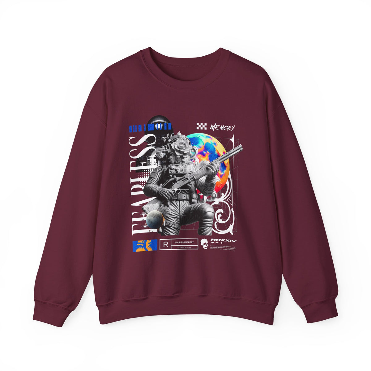 Fearless Memory Unisex Heavy Blend Crewneck Sweatshirt Graphic Pullover Black Astronaut Space Warrior Futuristic Sci Fi Bold Streetwear Artistic Fashion Outfit