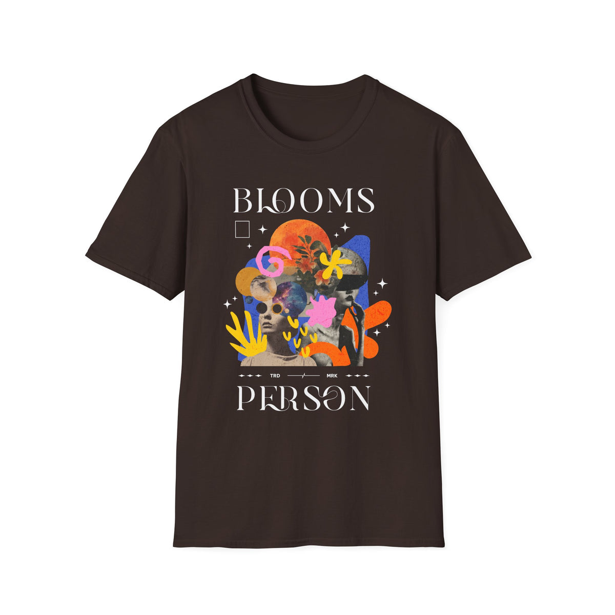 Blooms Person Unisex Softstyle T Shirt Modern Graphic Tee Black Artistic Abstract Colorful Floral Head Design Futuristic Streetwear Creative Fashion Outfit