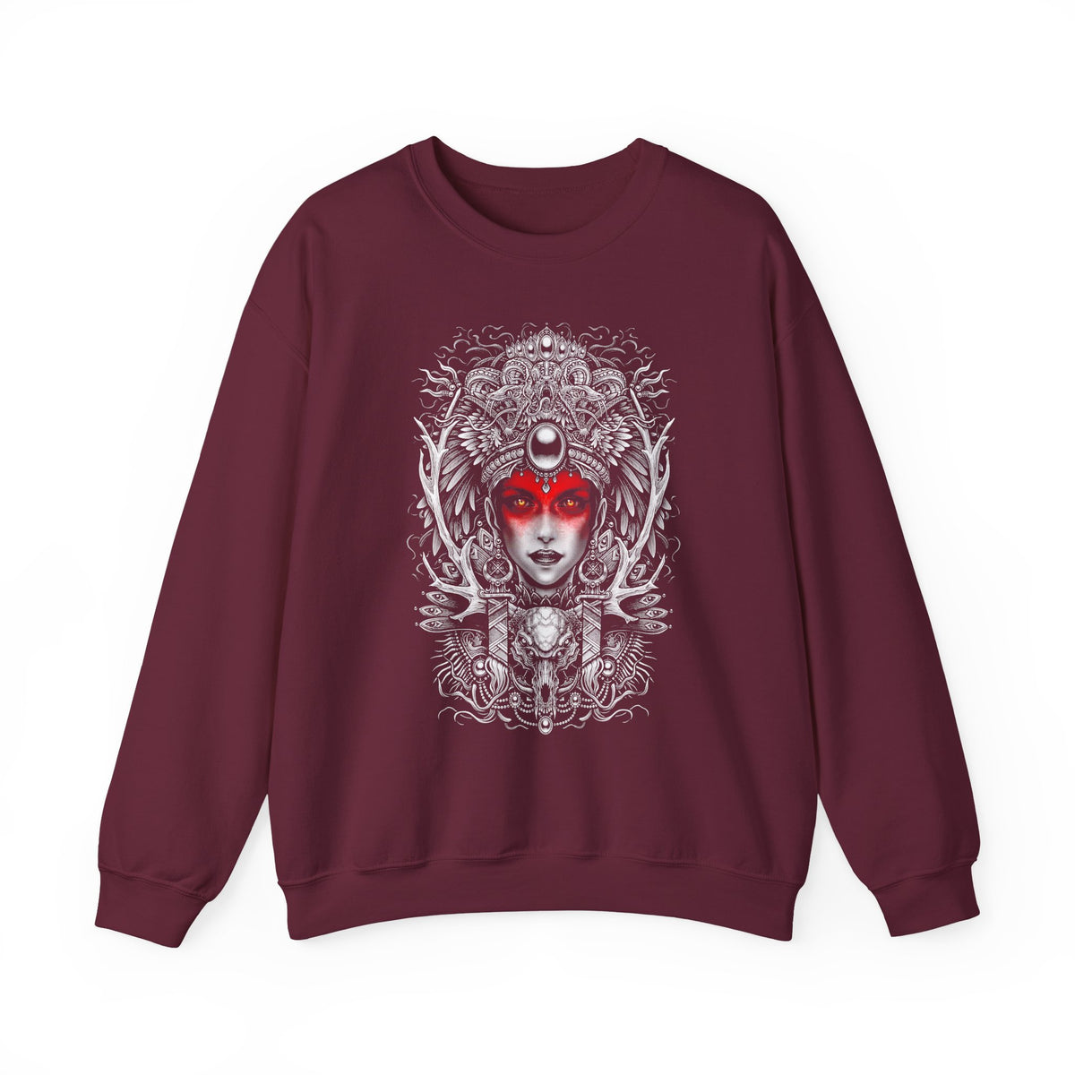 Mystic Warrior Goddess Unisex Sweatshirt Bold Monochrome Tribal Design Sacred Feminine Energy Gothic Art Streetwear Perfect for Festivals Winter Comfort and Everyday Style