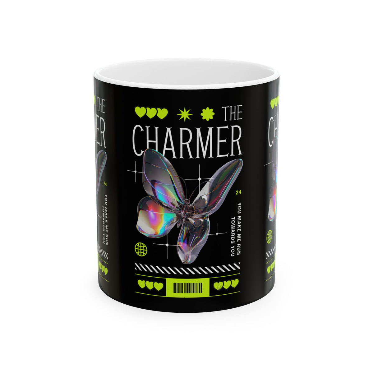 The Charmer Ceramic Mug Futuristic Butterfly Neon Cyber Aesthetic Graphic Coffee Tea Cup Artistic Streetwear Inspired Gift