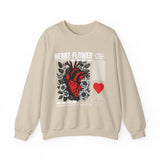 Heart Flower Graphic Unisex Heavy Blend Crewneck Sweatshirt Comfortable Streetwear Pullover Bold Red and Black Floral Heart Design Symbol of Love Strength and Vitality Perfect Gift for Friends Birthdays Cozy Days and Everyday Wear