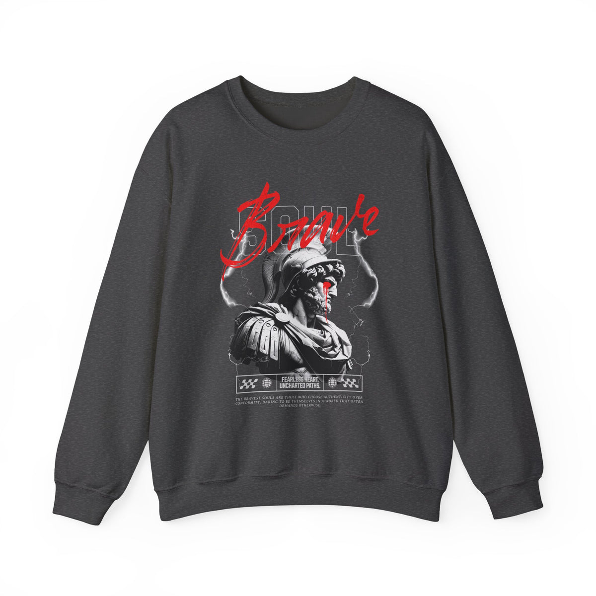 Brave Warrior Roman Gladiator Graphic Print Unisex Heavy Blend Crewneck Sweatshirt Bold Motivational Streetwear Pullover