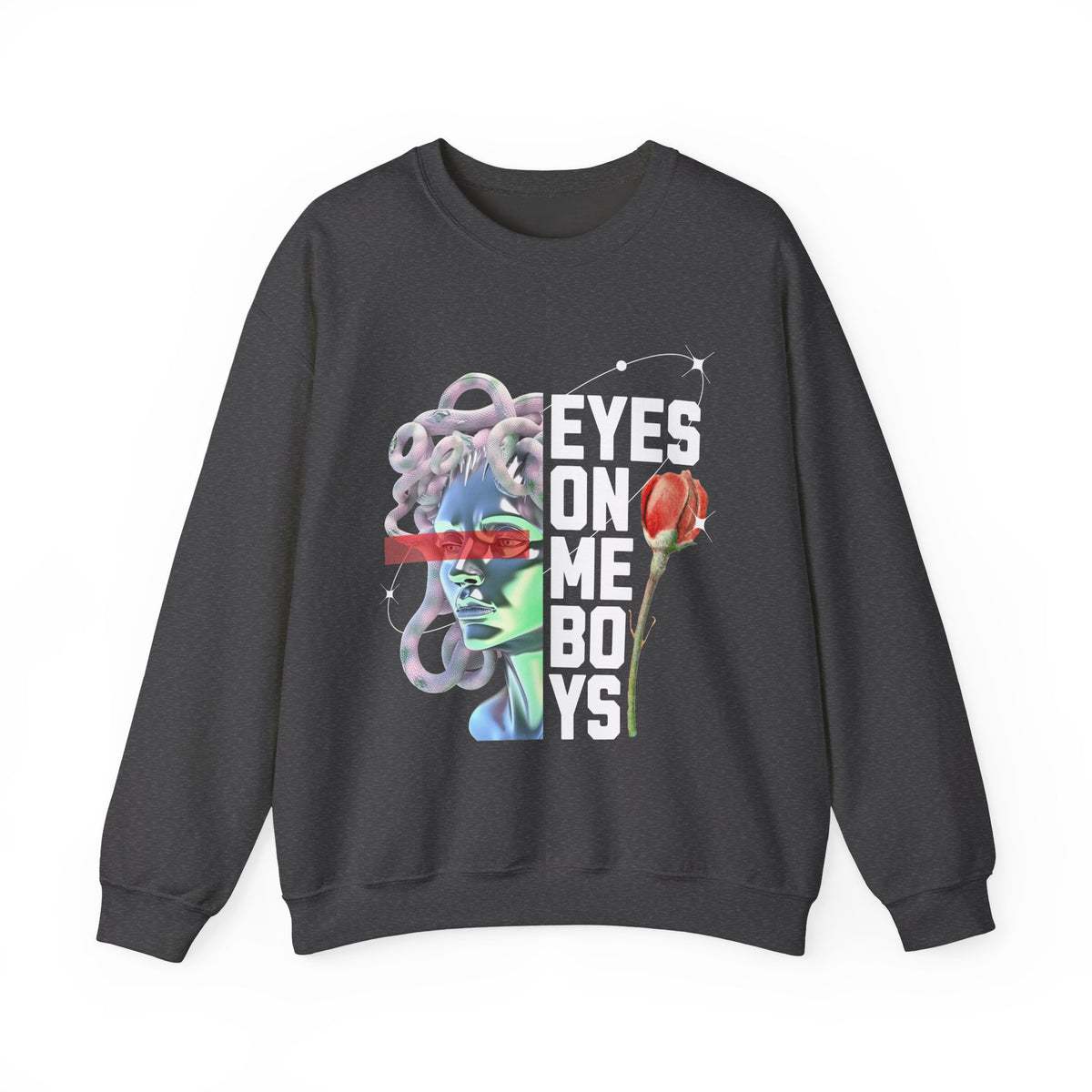 Eyes On Me Boys Medusa Crewneck Comfortable Unisex Heavy Blend Sweatshirt Mythological Streetwear Bold Empowerment Design for Self Expression Perfect Gift for Friends Birthdays Cozy Days Casual Wear