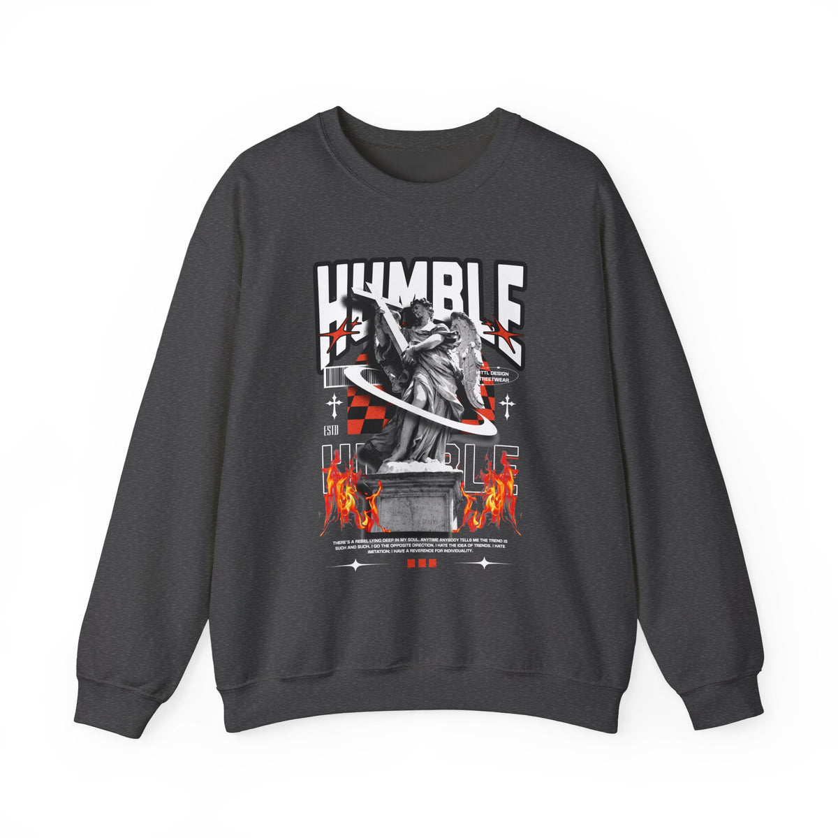 Unisex Heavy Blend Crewneck Sweatshirt Humble Angel Statue Graphic Pullover Streetwear Fire Print Bold Motivational Urban Fashion Outfit