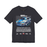Nissan Skyline GT R R34 Inspired Illustrated JDM Racing Car Graphic T Shirt Iconic Japanese Performance Street Racing Culture Automotive Streetwear Gift For Car Enthusiasts