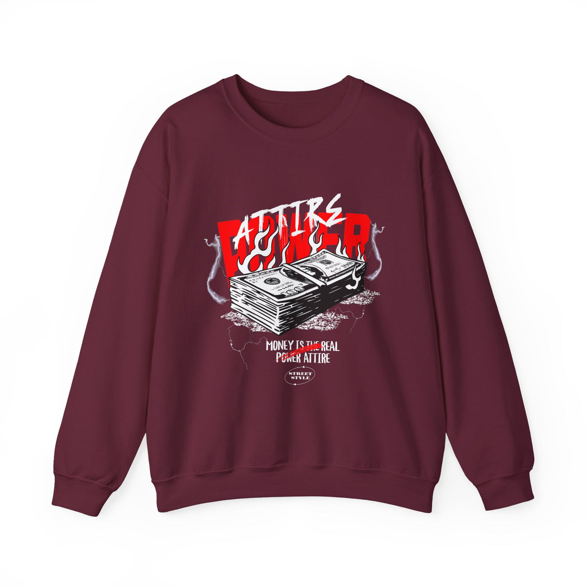 Attire Power Unisex Heavy Blend Crewneck Sweatshirt Graphic Pullover Black Hustler Money Stack Design Wealth Streetwear Bold Entrepreneur Alpha Mindset Financial Success Fashion