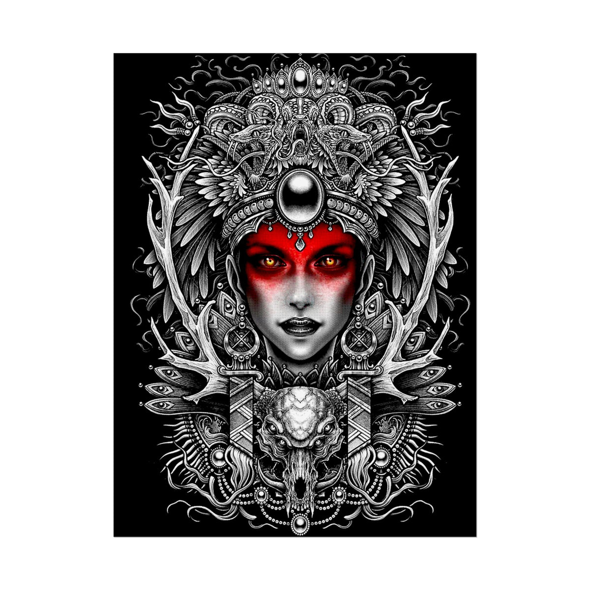 Mystic Warrior Goddess Poster Museum-Quality Wall Art Print Sacred Feminine Energy Gothic Tribal Line Design Perfect for Home Decor Studios Meditation Corners and Art Lovers