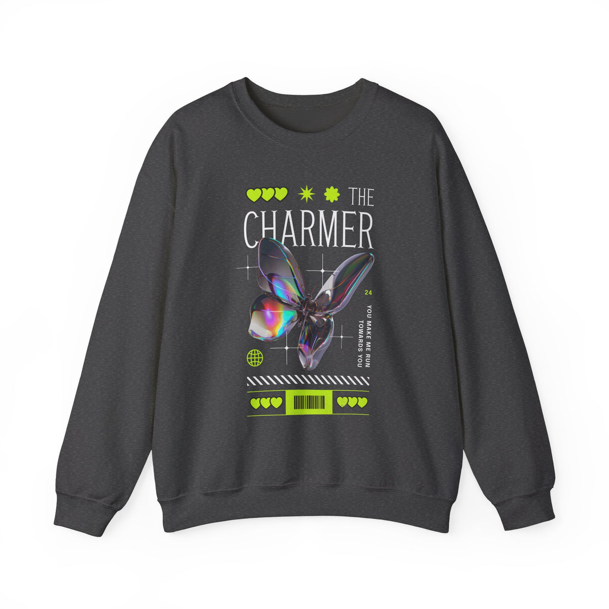 The Charmer Unisex Heavy Blend Crewneck Sweatshirt Futuristic Butterfly Neon Cyber Aesthetic Graphic Pullover Streetwear Fashion