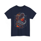 Inferno Spirit Fiery Dragon Whiskey Bottle Unisex Heavy Cotton Tee Bold Biker Streetwear Artistic Snake Flame Design Symbol of Power Energy and Rebellion Graphic Shirt