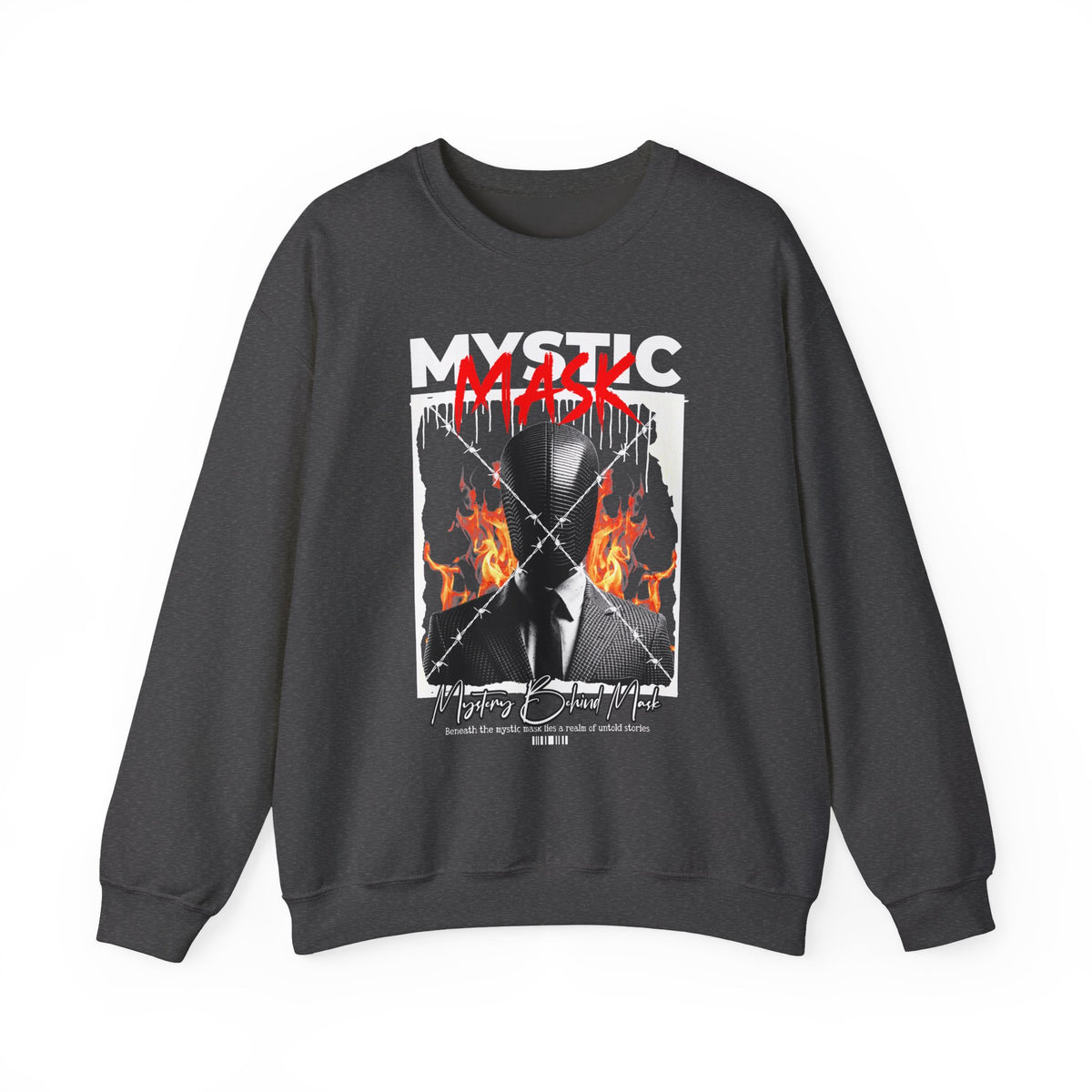 Mystic Mask Flames Graphic Unisex Heavy Blend Crewneck Sweatshirt Hustler Streetwear Motivational Dark Mystery Bold Fire Design