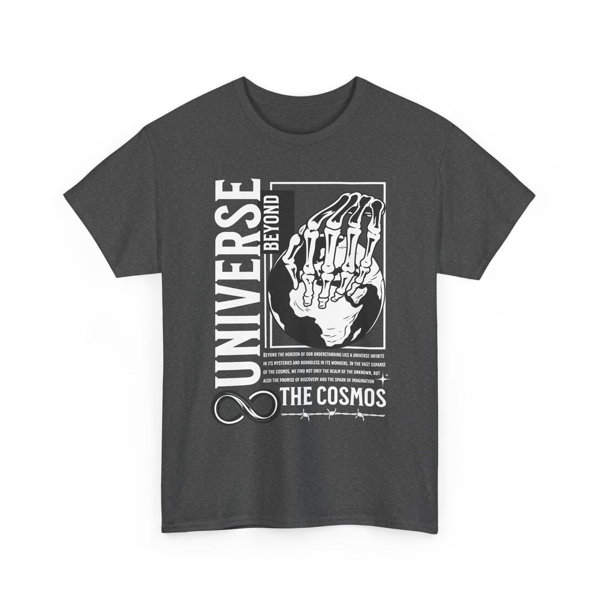 Universe Beyond The Cosmos Unisex Heavy Cotton Tee Graphic Black T Shirt Skeleton Hand Space Infinity Streetwear Futuristic Sci Fi Artistic Fashion Outfit