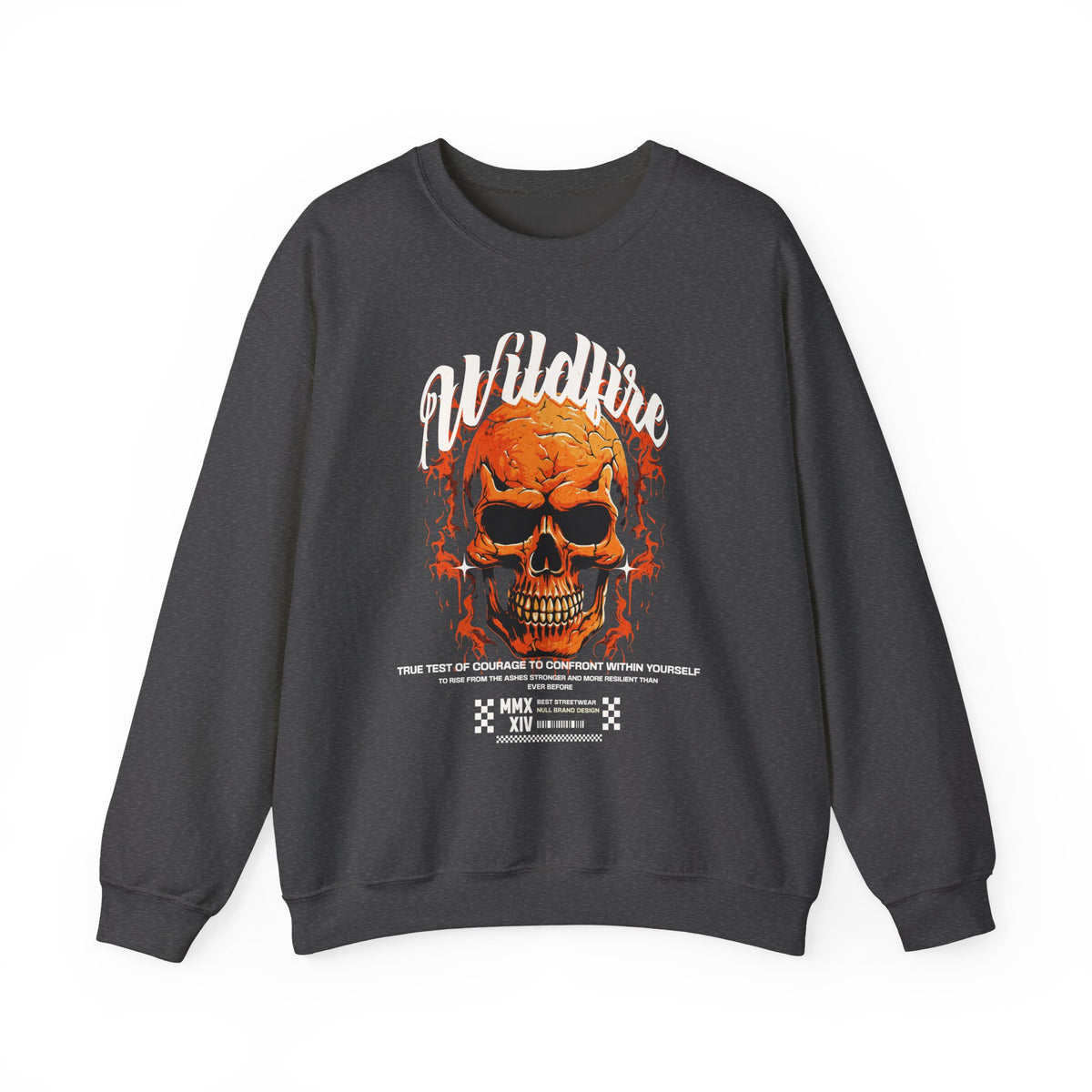 Wildfire Skull Flames Unisex Heavy Blend Crewneck Sweatshirt Gothic Inferno Graphic Bold Streetwear Motivational Statement Pullover