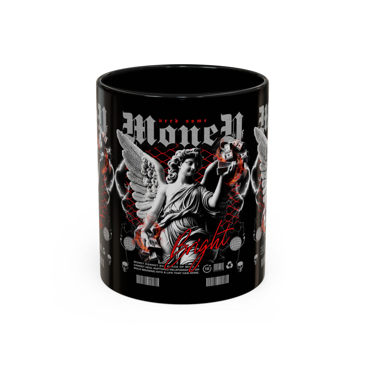 Money Bright Angel Accent Coffee Mug 11oz 15oz Gothic Statue Black Ceramic Cup with Red Flames and Cash Design for Hustlers
