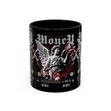 Money Bright Angel Accent Coffee Mug 11oz 15oz Gothic Statue Black Ceramic Cup with Red Flames and Cash Design for Hustlers