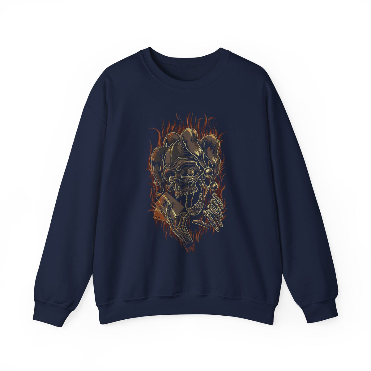 Burning Jester Skull Unisex Heavy Blend Crewneck Sweatshirt Gothic Flame Joker Skeleton Streetwear Pullover Dark Fantasy Art Design For Gamers Artists Metal Lovers And Rebels