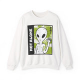 Not Alone Alien Unisex Crewneck Sweatshirt UFO Cartoon Graphic Pullover Extraterrestrial Sci Fi Space Themed Conspiracy Inspired Paranormal Streetwear