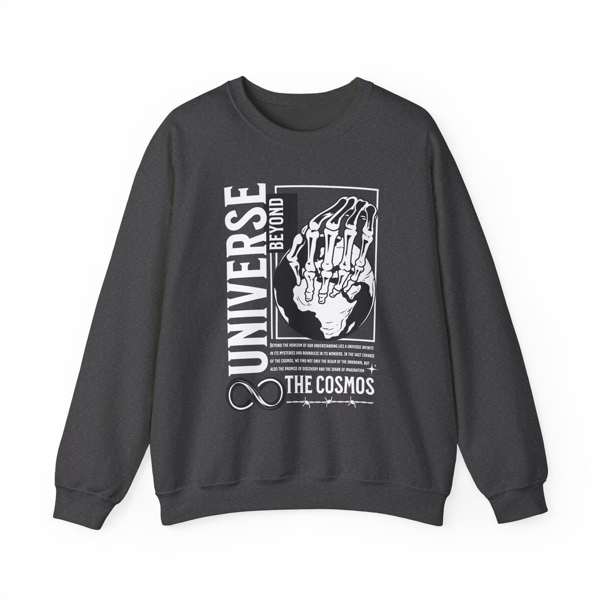 Universe Beyond The Cosmos Unisex Heavy Blend Crewneck Sweatshirt Graphic Pullover Black Skeleton Hand Space Infinity Streetwear Futuristic Sci Fi Artistic Fashion Outfit