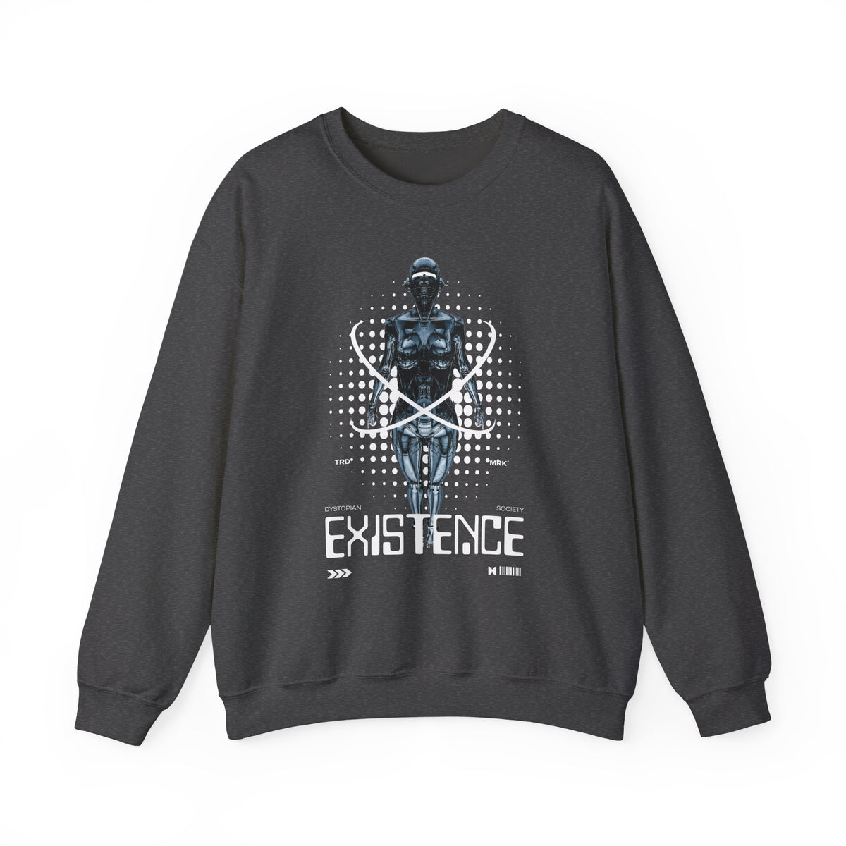 Existence Dystopian Society Cyborg Unisex Heavy Blend Crewneck Sweatshirt Futuristic Sci Fi Robotic Graphic Cyberpunk Streetwear Pullover