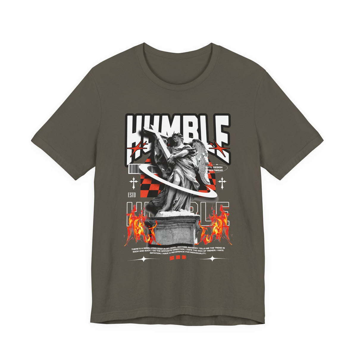 Unisex Jersey Short Sleeve Tee Humble Angel Statue Graphic Streetwear Fire Print T Shirt Bold Motivational Urban Fashion Outfit