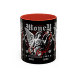 Money Bright Angel Accent Coffee Mug 11oz 15oz Gothic Statue Black Ceramic Cup with Red Flames and Cash Design for Hustlers