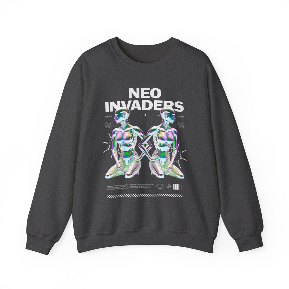 Neo Invaders Futuristic Holographic Graphic Unisex Heavy Blend Crewneck Sweatshirt Sci Fi Cyberpunk Streetwear Bold Statement Pullover