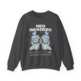 Neo Invaders Futuristic Holographic Graphic Unisex Heavy Blend Crewneck Sweatshirt Sci Fi Cyberpunk Streetwear Bold Statement Pullover