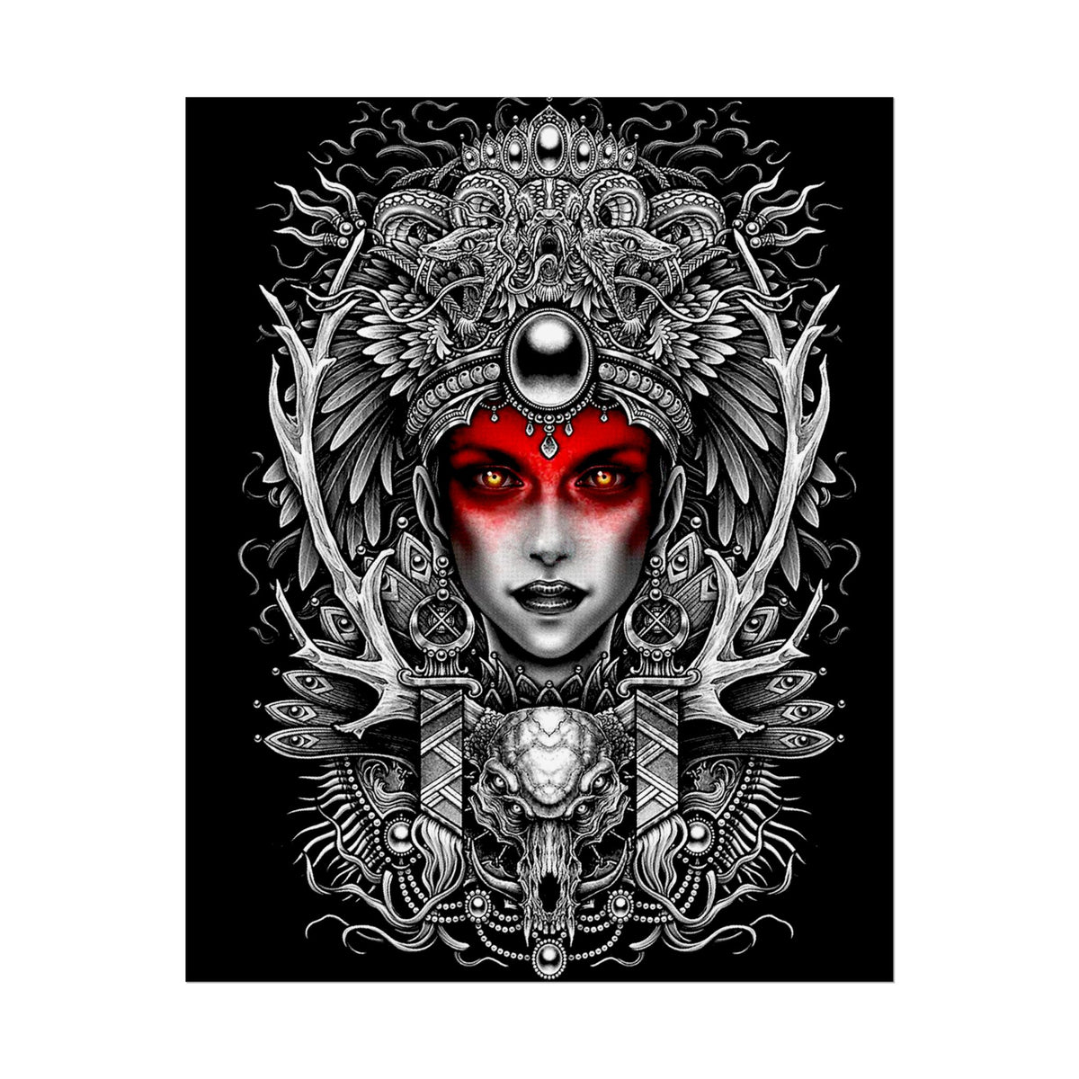 Mystic Warrior Goddess Poster Museum-Quality Wall Art Print Sacred Feminine Energy Gothic Tribal Line Design Perfect for Home Decor Studios Meditation Corners and Art Lovers