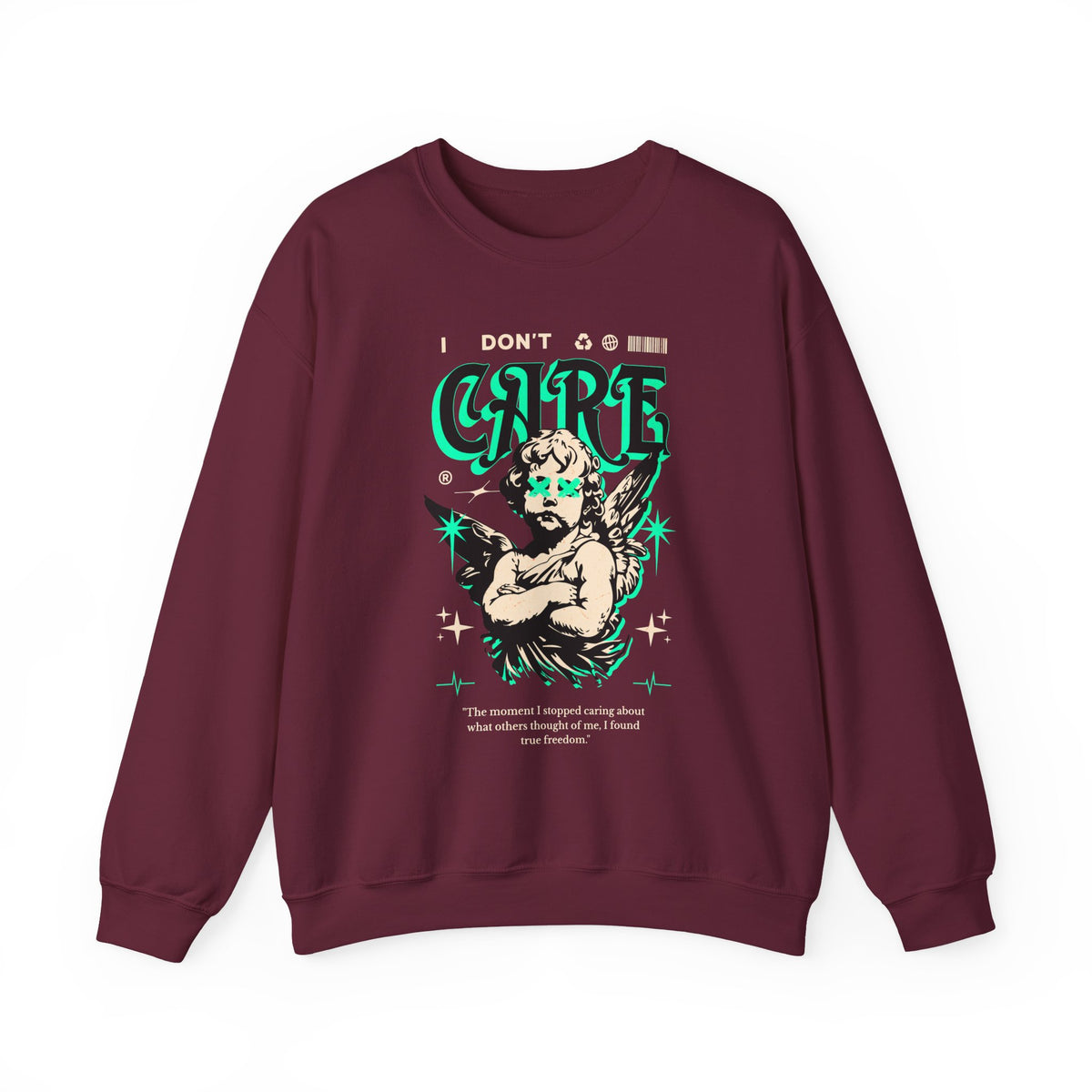I Don’t Care True Freedom Angel Unisex Heavy Blend Crewneck Sweatshirt Gothic Cherub Graphic Bold Motivational Streetwear Statement Pullover