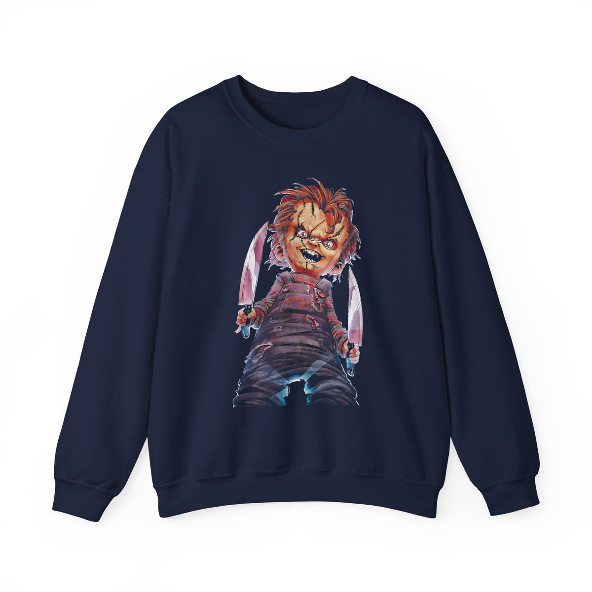 Chucky Horror Unisex Heavy Blend Crewneck Sweatshirt Killer Doll Graphic Pullover Spooky Halloween Streetwear Horror Movie Art Design Cozy Creepy Fashion For Festivals And Scary Season