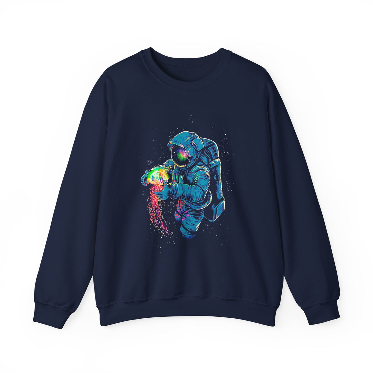 Galactic Dream Astronaut Neon Art Unisex Heavy Blend Crewneck Sweatshirt Vibrant Cosmic Streetwear Pullover Futuristic Space Design Soft Fleece Warm Comfortable Everyday Wear Perfect Gift for Sci Fi...