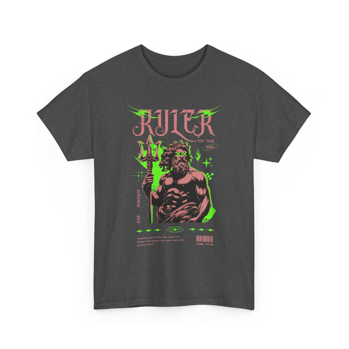 Ruler of the Sea Poseidon Unisex Heavy Cotton Tee Greek Mythology Statue Graphic Gothic Streetwear Bold Artistic Fashion T Shirt