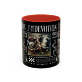 Fearless Devotion Accent Coffee Mug 11oz 15oz Black Ceramic Cup with Warrior on Horse Artwork for Courage Loyalty and Strength Lovers