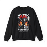 Mystic Mask Flames Graphic Unisex Heavy Blend Crewneck Sweatshirt Hustler Streetwear Motivational Dark Mystery Bold Fire Design