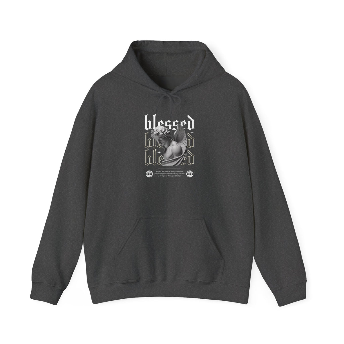 Blessed Angel Statue Graphic Unisex Heavy Blend Hooded Sweatshirt Gothic Streetwear Aesthetic Spiritual Bold Artistic Fashion Hoodie