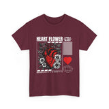 Heart Flower Graphic Unisex Heavy Cotton Tee Comfortable Streetwear T Shirt Bold Red and Black Floral Heart Design Symbol of Love Strength and Vitality Perfect Gift for Friends Birthdays and Casual...